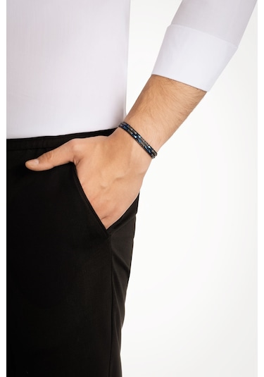 Renkli Hematit Taşlı Ayarlanabilir Çelik Erkek Bileklik Lacivert