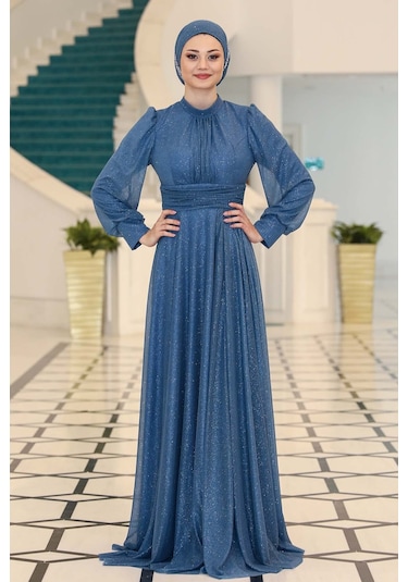 Raika Moda Şık Tasarım Tül Kübra Abiye İndigo