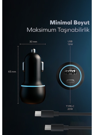 Woyax Araç Şarj Aleti Çakmaklık Type-c + Usb Girişli Kablolu Set 38w 2 İn 1 Car Charger