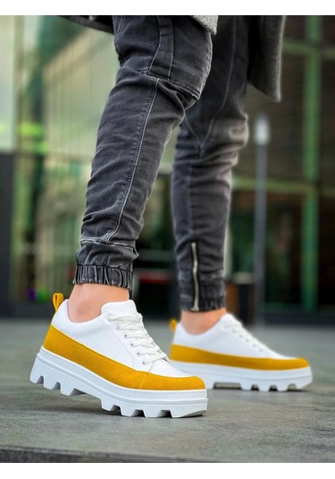 Kb-056 Kuback Beyaz Sarı Detaylı Beyaz Yüksek Taban Günlük Spor Ayakkabı Beyaz