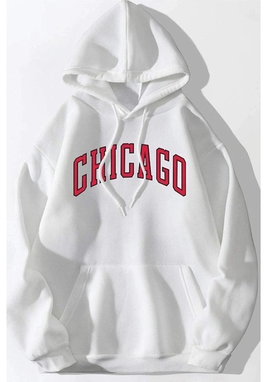 Unisex Beyaz Chicago Baskılı Oversize Kapşonlu Sweatshirt 001