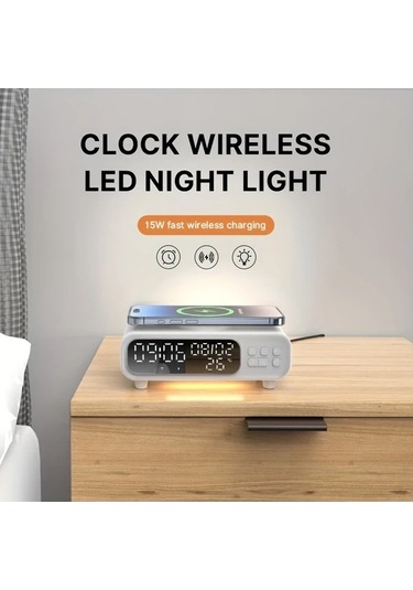 Flybuy Willowhaven 4ü1 Hızlı Kablosuz Şarj Standı Led Gece Lambası Uyku Saati Termometre Beyaz
