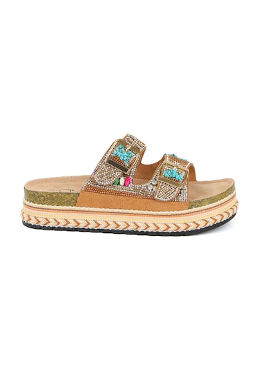Guja 25y103 Kadın Mantar Platform Taban Taşlı Çift Tokalı Comfort Terlik Camel Fuşya