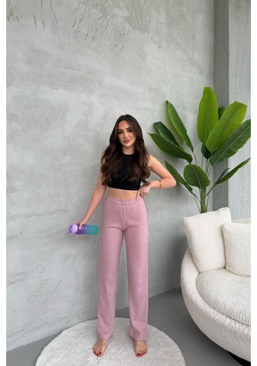 Kadın Gül Kurusu Yüksek Bel Fitilli Bol Paça Günlük İnce Eşofman Altı GÜL KURUSU