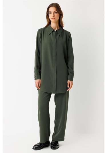 Yandan Büzgü Detaylı Pantolonlu Takım Haki Haki