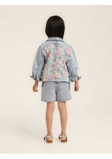 Kız Çocuk Çiçek Desenli Kot Ceket-15617 Mavi