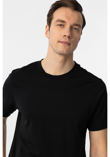 Siyah Regular Düz Bisiklet Yaka Tişört-38574 Siyah