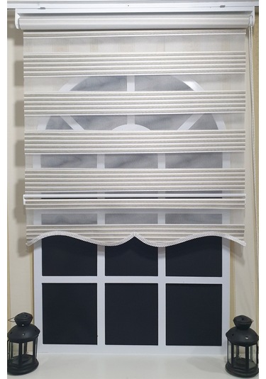 Storburada Zebra Stor Perde Mavi Çizgili Etek Dilimli St 011 Ekru