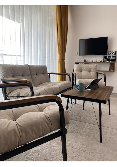 Modern Mars Balkon, Bahçe, Cafe - Salon - Metal Kanepe Koltuk Takımı - 2+1+1 + Sehpa Krem Modernsh55 Krem