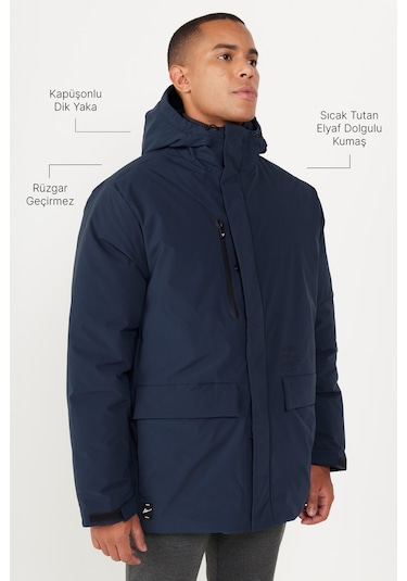 Ac&Co / Altınyıldız Classics - Erkek Lacivert Kapüşonlu Dik Yaka Standart Fit Kaban Lacivert