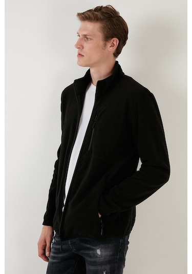 Buratti Slim Fit Fermuarlı Cepli Dik Yaka Polar Erkek Hırka 5906028 Siyah