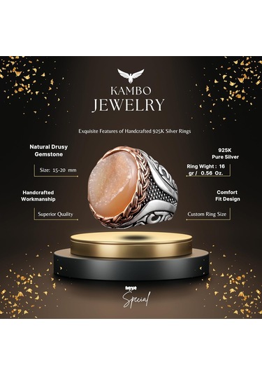 Gerçek Doğal Druzy Kristal Kuvars Taşı Yüzük, Doğum Taşı Yüzüğü, 925 Ayar Gümüş Yüzük Sarı Gümüş