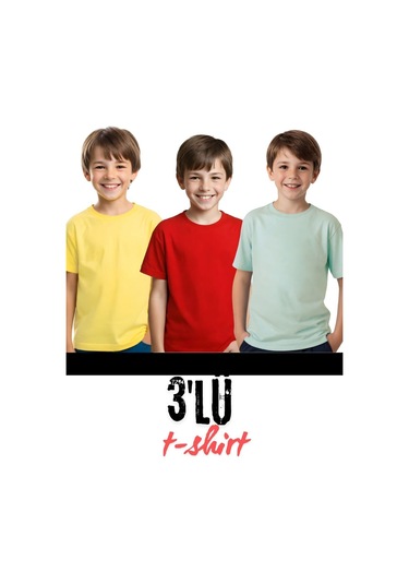Unisex 3lü Yuvarlak Yaka Çocuk Düz Kısa Kollu T-shirt Çok Renkli