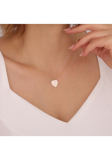 925 Ayar Gümüş Pembe Mineli Spiral Kalp Kolye Altın