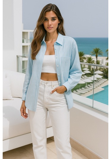 Kadın Çizgili Oversize Gömlek Açık Mavi Beyaz Pamuk Gömlek Açık Mavi