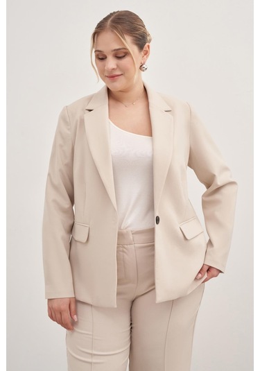 Astarlı Tek Düğmeli Blazer-1758-krem Krem