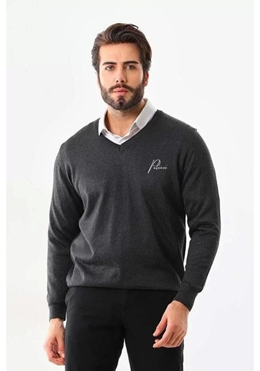 Baskılı V Yaka Uzun Kol Dokuma Triko - Füme Füme