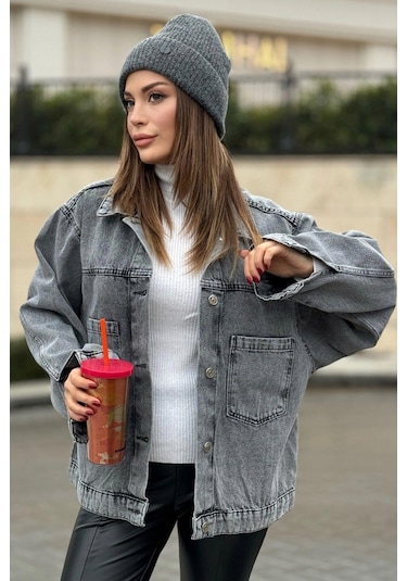 Kadın Gri Apaş Yaka, Çift Cepli, Kaliteli Jeans Kumaş, Salaş Kot Ceket Antrasit