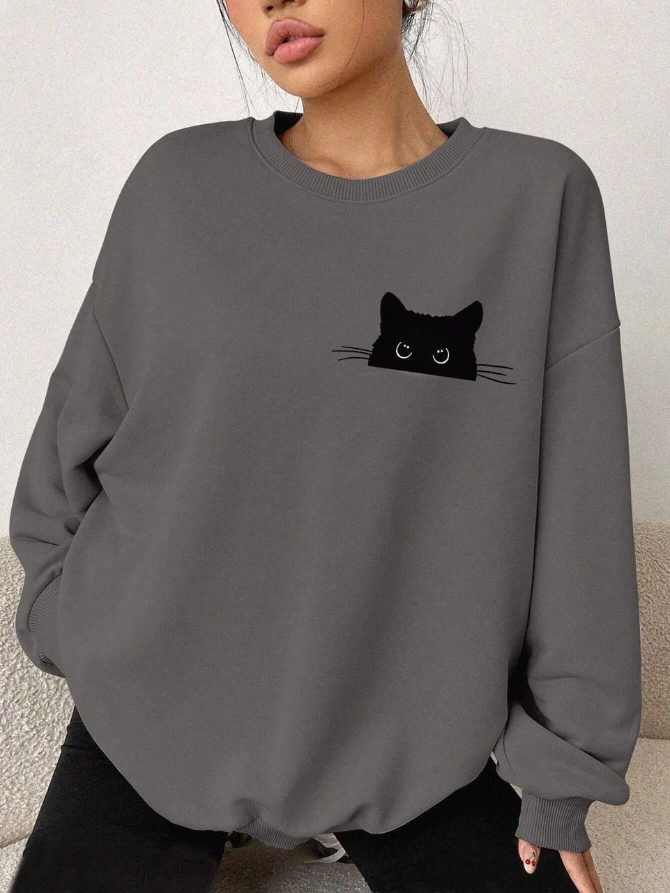 Füme Oversize Geniş Kalıp 3 İplik Şardonlu Sweatshirt Bisiklet Yaka Kedili Baskılı Kalın Sweat Füme