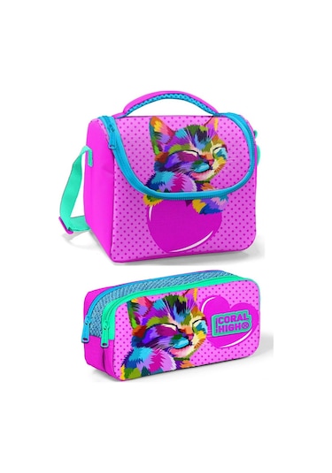 Coral High Mor Pembe Kedi Kız Çocuk Beslenme Çantası Seti Çok Renkli