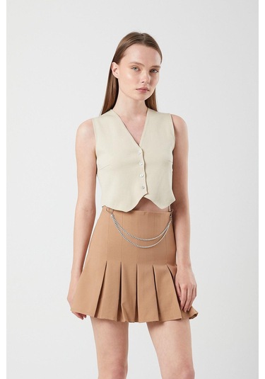 4155 Kadın Zincir Detay Pileli Mini Etek Vizon Vizon