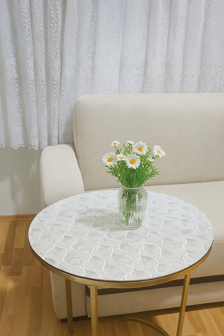 Rona Home Yuvarlak Orta Sehpa Masa Örtüsü Hasır Lüks Pvc Silinebilir, Çiçek Desenli, Şeffaf Bej Krem