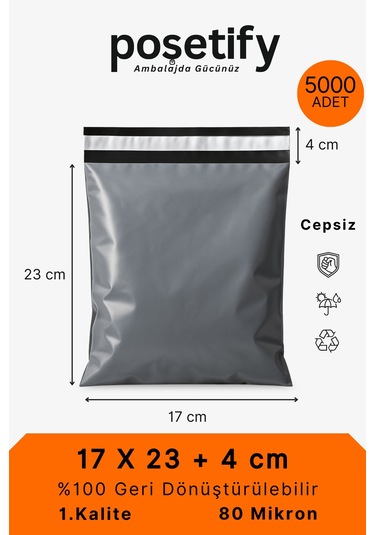 Gri Cepsiz Kargo Poşeti 17x23+4 Cm Yapışkan Bantlı Kargo Zarfı 5000 Li E-ticaret Poşeti