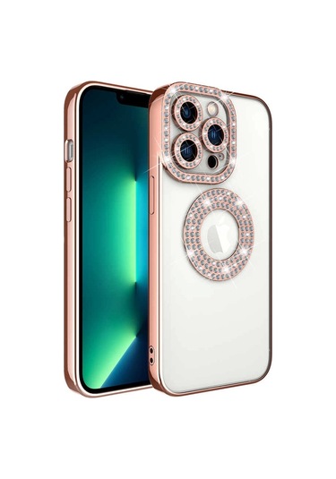 iPhone Uyumlu 13 Pro Kılıf Kamera Korumalı Taş Süslemeli Arkası Şeffaf Redclick Asya Kapak - Rose Gold