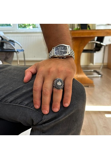 İslami Erkek Yüzüğü, Hat Sanatı Tasarımı, Oniks Taşlı Sterlin Gümüş Dinî Yüzük Gümüş