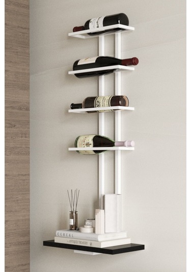 Aju Şaraplık Ve Kadeh Rafı Duvara Monte Şarap Mahzeni Modern Duvar Alkol Rafı - Metal Ve Ahşap Tasarım Beyaz