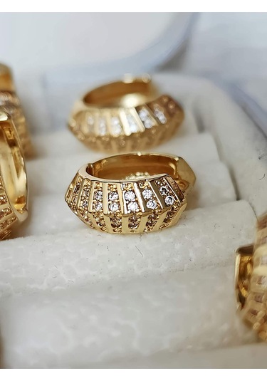 6'lı Oval Minimalist Hoop Zirkon Taşlı Altın Kaplama Gold Renk Küpe Seti Altın