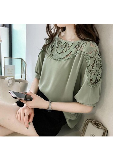 Moda Kısa Kollu Kadın Bluz Gömlek Şifon Kadın Giyim Artı Boyutu Kadın Üstleri Ofis Gömlek Yeşil