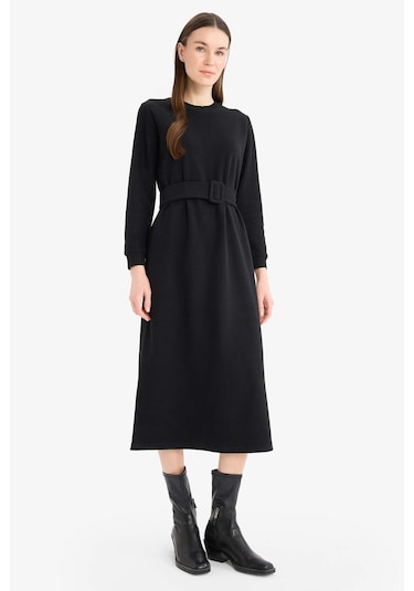 DeFacto Bisiklet Yaka Basic Düz Selanik Kumaş Midi Elbise F4154AX25SPBK81