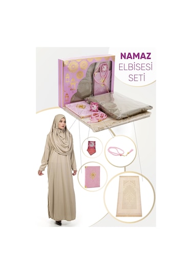 Pratik Başörtülü Tek Parça Namaz Elbisesi Ve Seccade Seti Pembe Pembe