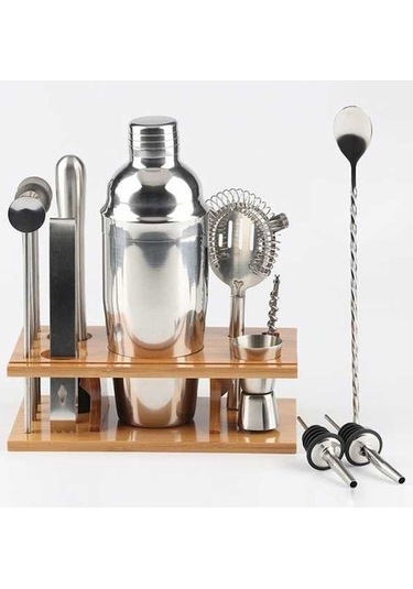 Pazly Bambu Montajlı 14'lu Paslanmaz Çelik Kokteyl Çalkalayıcı Seti 750ml, Gıda İçin Uygun, Mutfak Tasarrufu