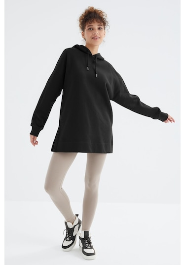 Tommy Life Siyah Reglan Kol Basic Kapüşonlu Oversize Sweatshirt Tunik - 97242 Siyah