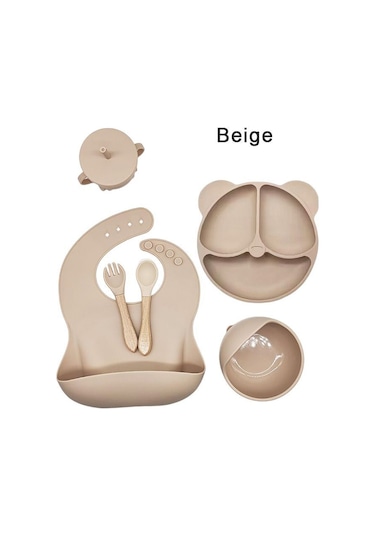 6 Parça Vantuzlu Silikon Çocuk Bebek Yemek Tabağı Takım Set Bej