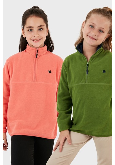 Lela Yumuşak Dokulu Fermuarlı Dik Yaka Şardonlu 2'Li Paket Çocuk Polar 5905002S2 Fıstık Yeşil-Somon
