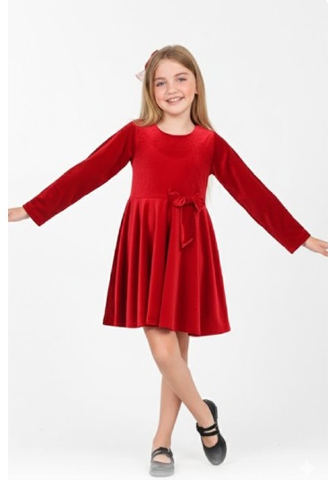 Kız Çocuk Kadife Elbise-içi Tüllü Ve Fiyonk Süslemeli 7-12 Yaş 12427 Kırmızı