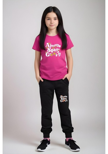 Always Stay Baskılı Kız Çocuk Tişört Ve Eşofman Alt-üst Takım Fuşya