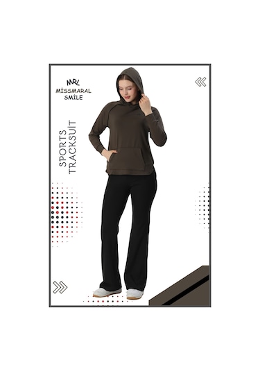 Kadın Spor Eşofman Takım İspanyol Paça Çift Cepli Alt &kapüşonlu Kanguru Cepli Üst Haki Rengi 3053 Haki