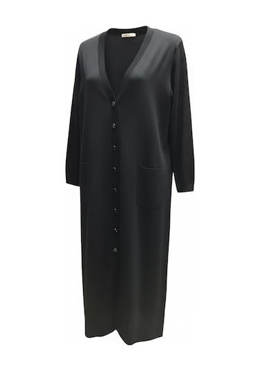 Kadın Önü Düğmeli V Yaka Cepli Mevsimlik Hırka Siyah