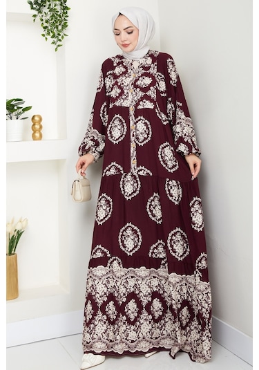 Giral Dokuma Viskon Elbise 1543 - Mürdüm Mürdüm