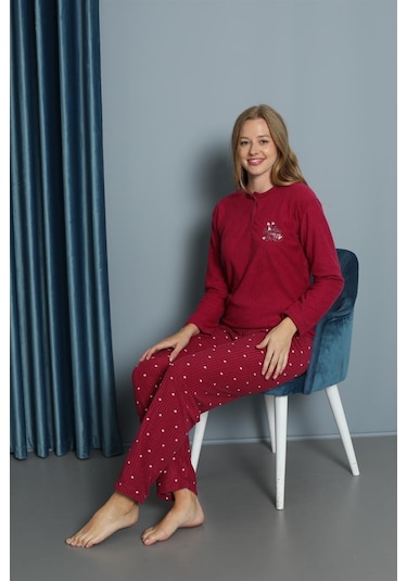 Yeni Sezon Sonbahar/kış Kadın Welsoft Yuvarlak Yaka Düz Desen Kalın Polar Pijama Takımı 30009-fuşya Fuşya