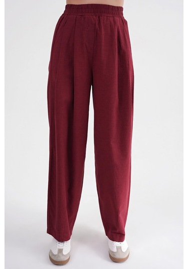 4682 Kadın Beli Lastikli Jogger Bol Keten Pantolon Bordo Bordo