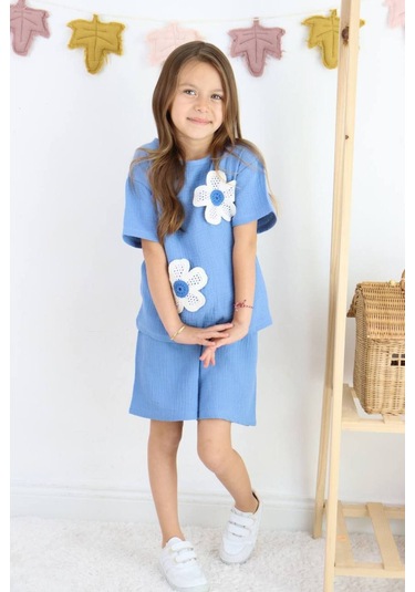 Örme Nakışlı Müslin Şort Takım Mavi