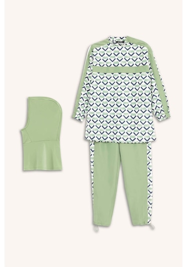 DeFacto Regular Fit Su İtici 3'lü Desenli Burkini Tesettür Mayo Takım E7996AX25HSGN680