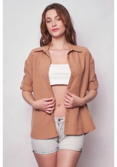 Kadın Keten Düşük Omuzlu Yakalı Kapri Kol Apoletli Gömlek -camel CAMEL