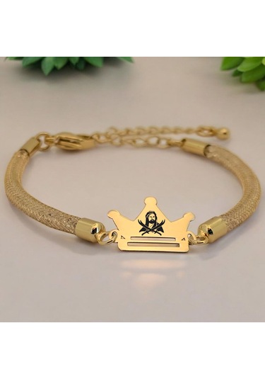 Archin Hz Ali Temalı Taç Figürlü 14 Ayar Altın Plakalı Hasır Kordonlu Hediye Bileklik-464sembol Hz Ali Sembolü