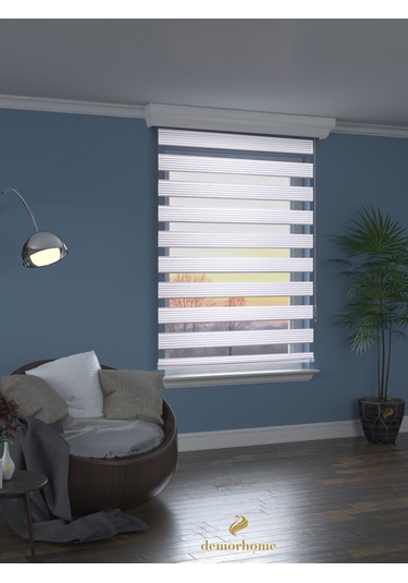 Br Demor Home Geniş Pliseli Beyaz Zebra Stor Güneşlik Perde Metal Kasa Beyaz